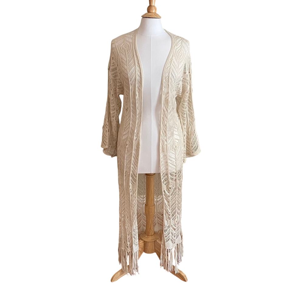 anna-kaci Ivory / Cream Long Open Knit Cardigan, Bell Sleeved, Fringe, Size S